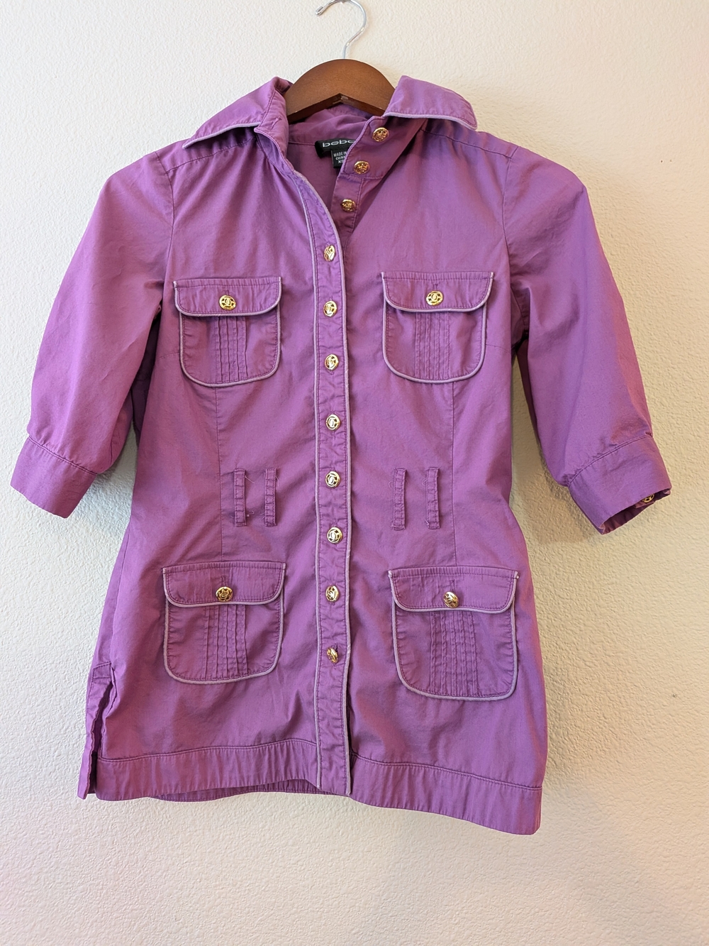 BEBE Purple w Gold Buttons Vintage Y2K Style Women's Shirt Sz. XS